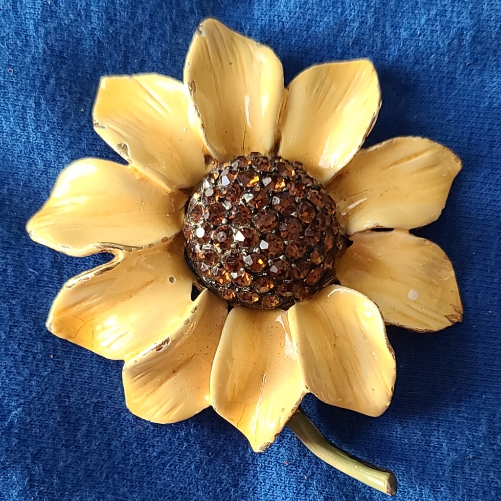 Vintage 1960's Bsk Yellow Sunflower Brown Rhinestone Enamel Brooch Pin